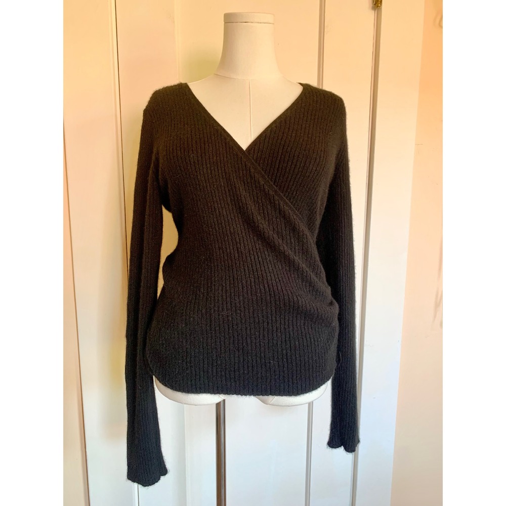 Michael Stars 100% Cashmere Wrap Front Ribbed Sweater Black L Coquette‎